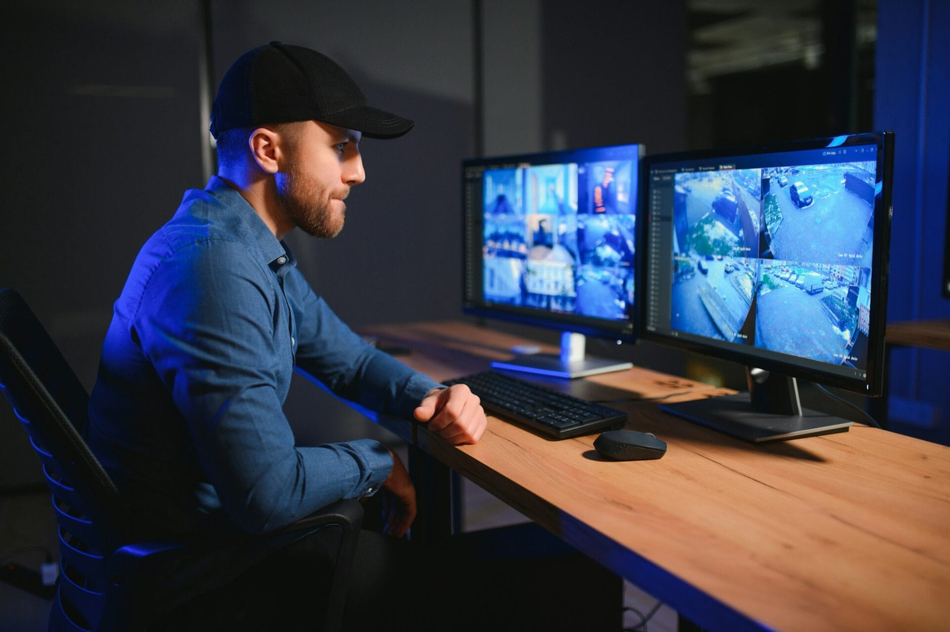 Rear view of security system operator looking at CCTV footage at desk in office